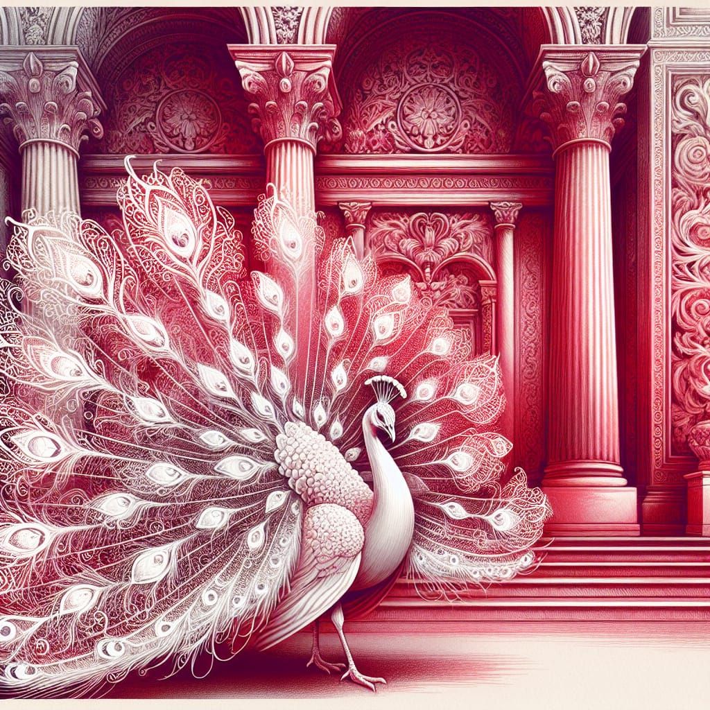 Elegant Crimson Peacock in Intricate Lace Headdress