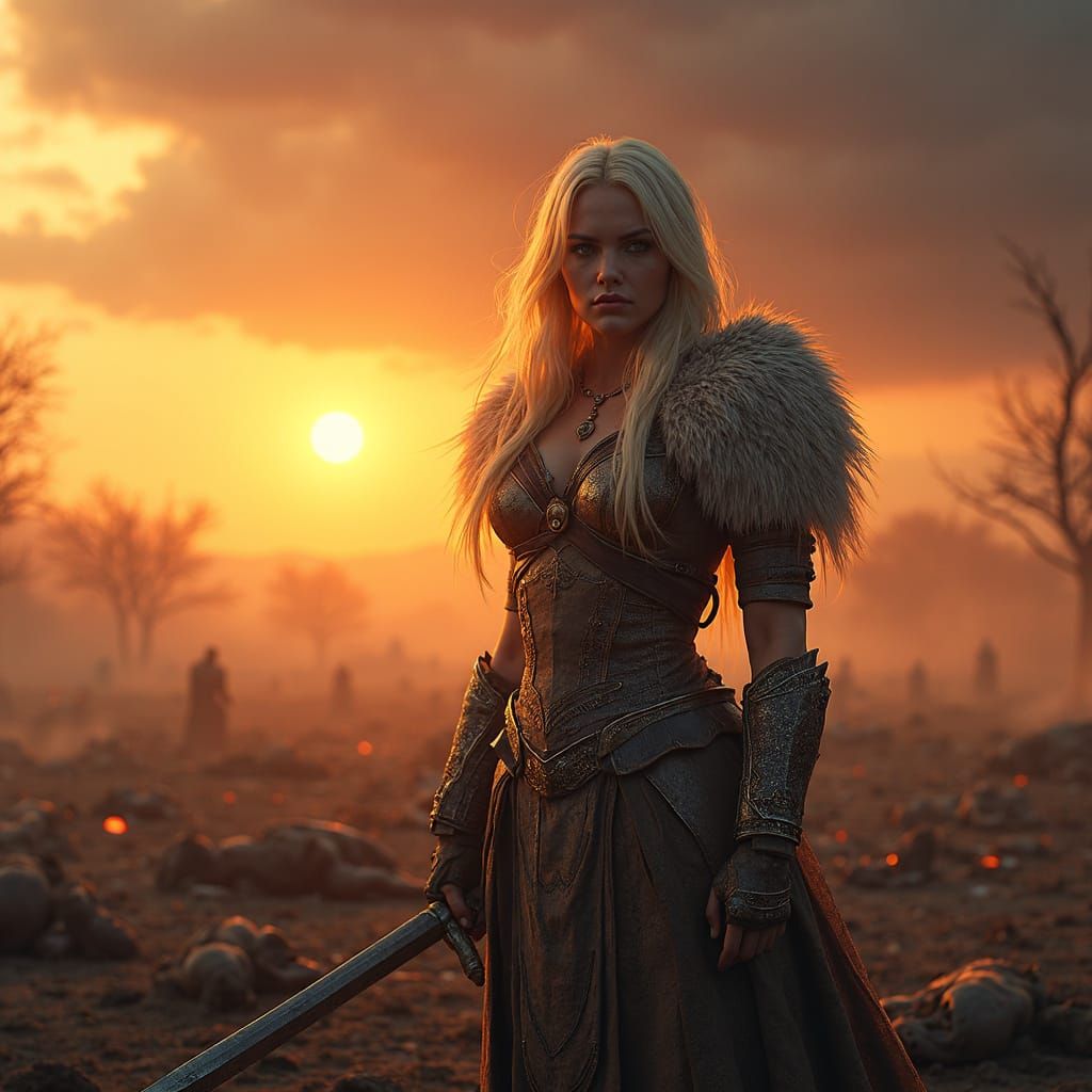 Savage Blonde Warrior Triumphs in Dark Fantasy Landscape