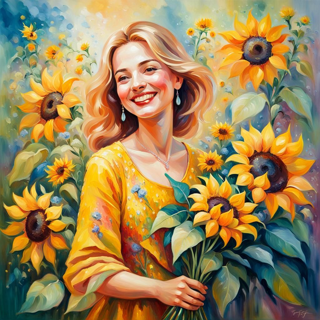 Smiling Woman Surrounded by Flowers as Oil Painting