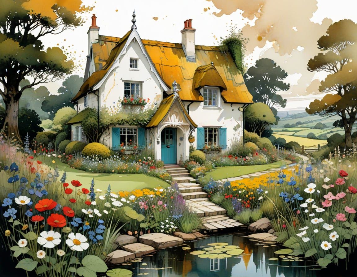 Enchanting English Cottage Watercolor Fantasy Landscape