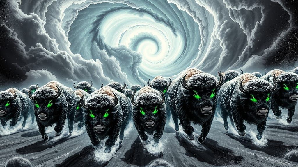 Fractal Bison Stampede in Cosmic Anime Style