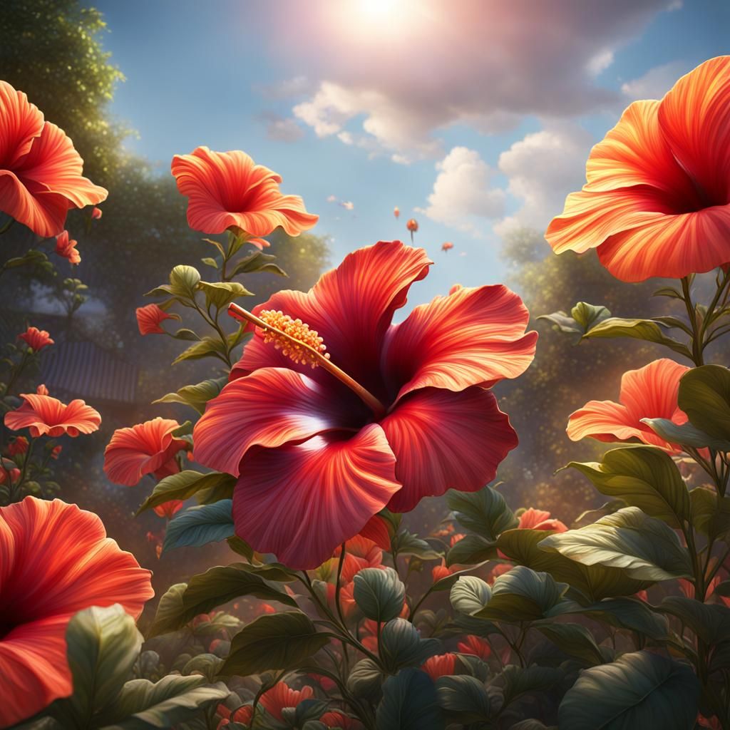 Hibiscus Flower in Sun-Kissed Garden: Fantasy Art
