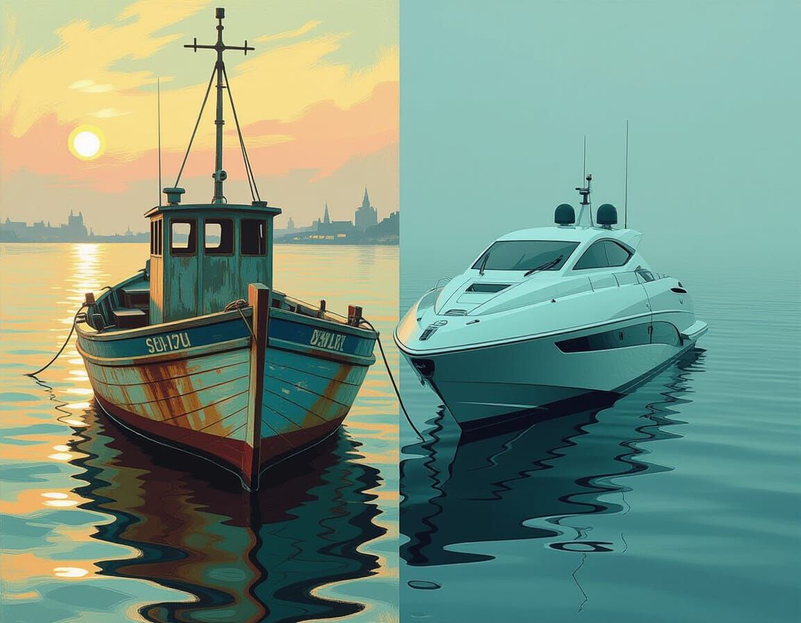 Old Wooden Boat vs Futuristic Sleek Boat Split Image