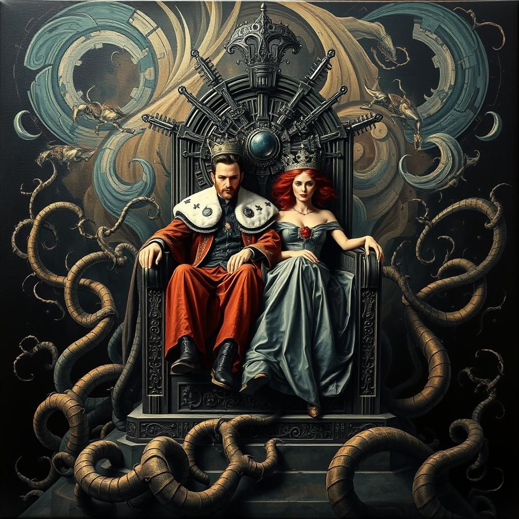 Dystopian Art Deco King and Queen on Metal Throne