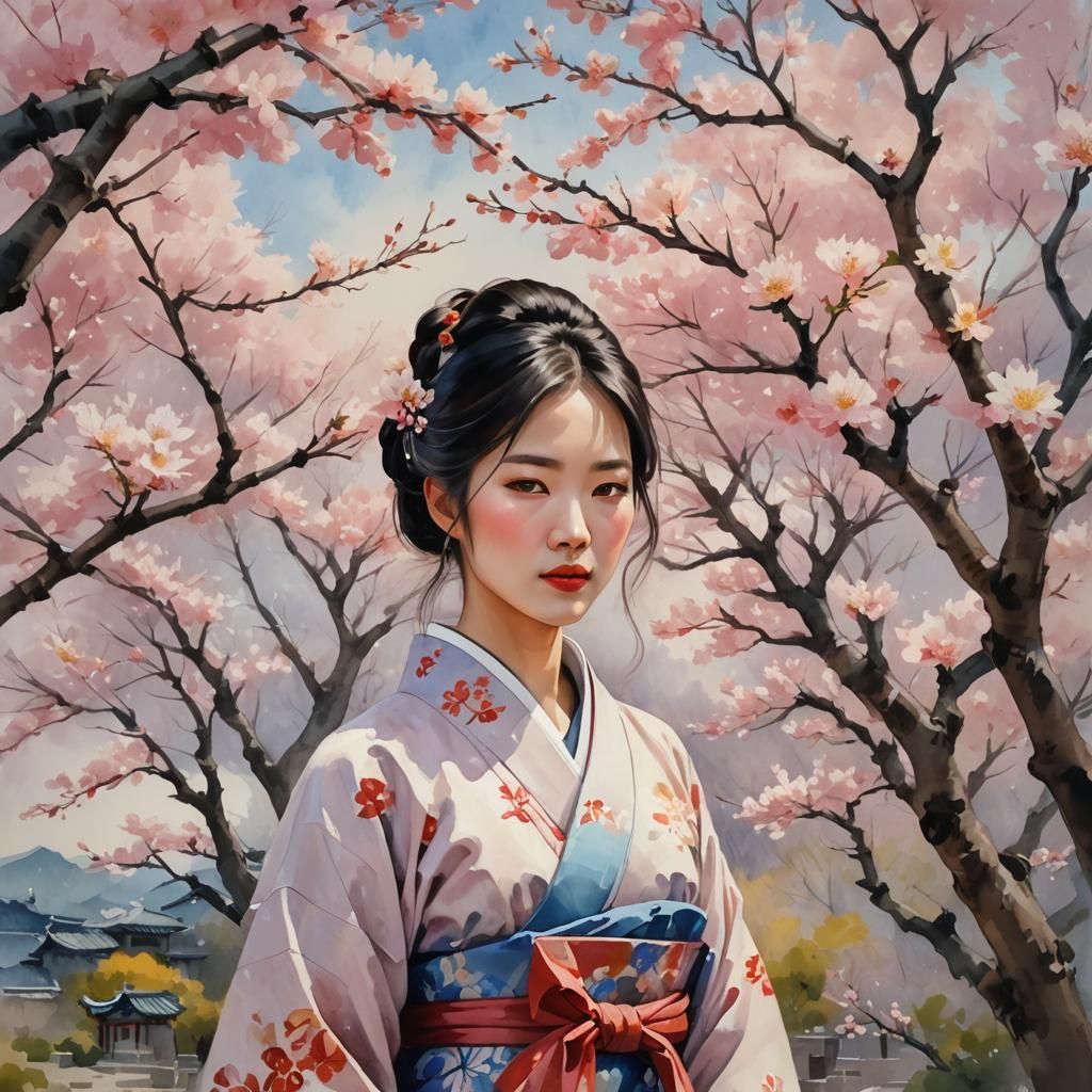 Korean Girl in Cherry Blossoms: Gouache Impressionist Master...