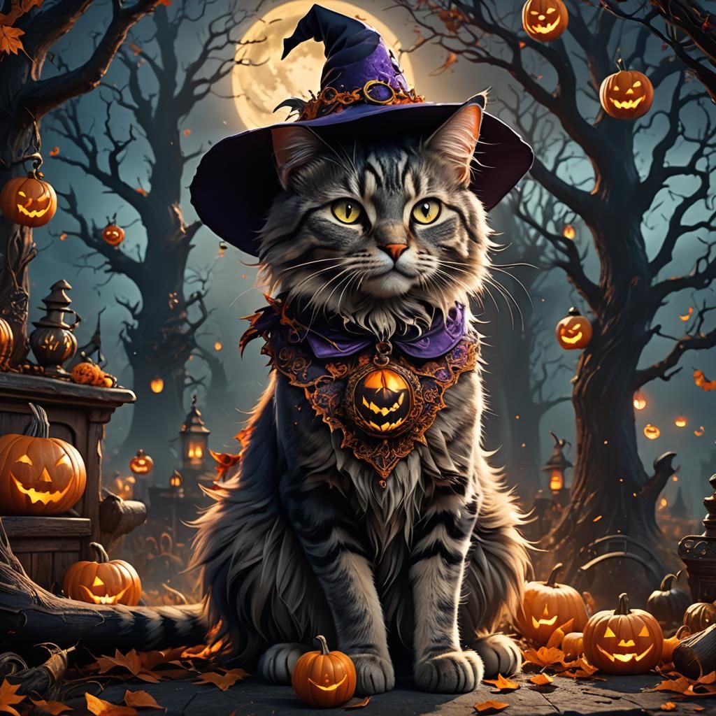 Halloween Cat Bewitched: Detailed Fantasy Art