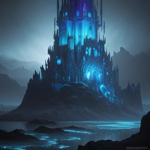 Tower with Metallic Straps and Bioluminescent Barnacles