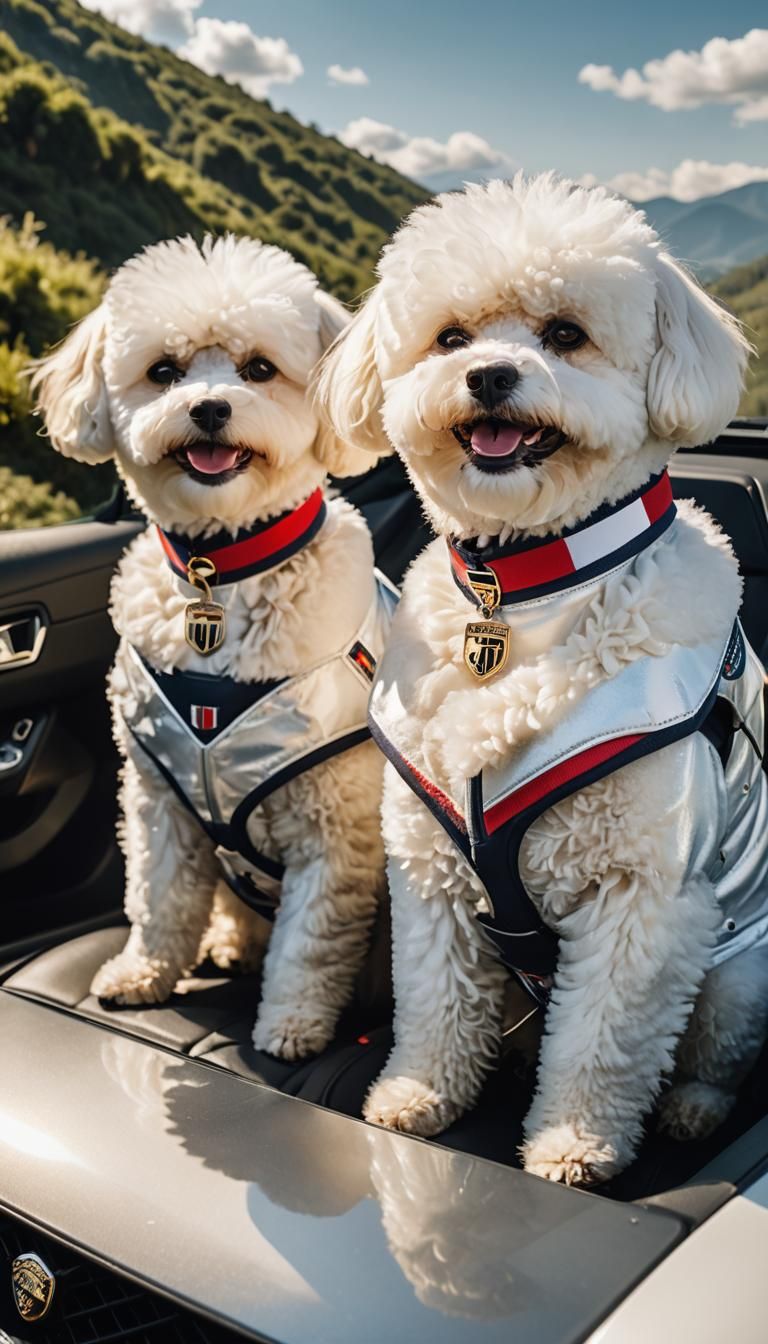 Bichon Dogs in Lamborghini: Fashion Photography on Mountain