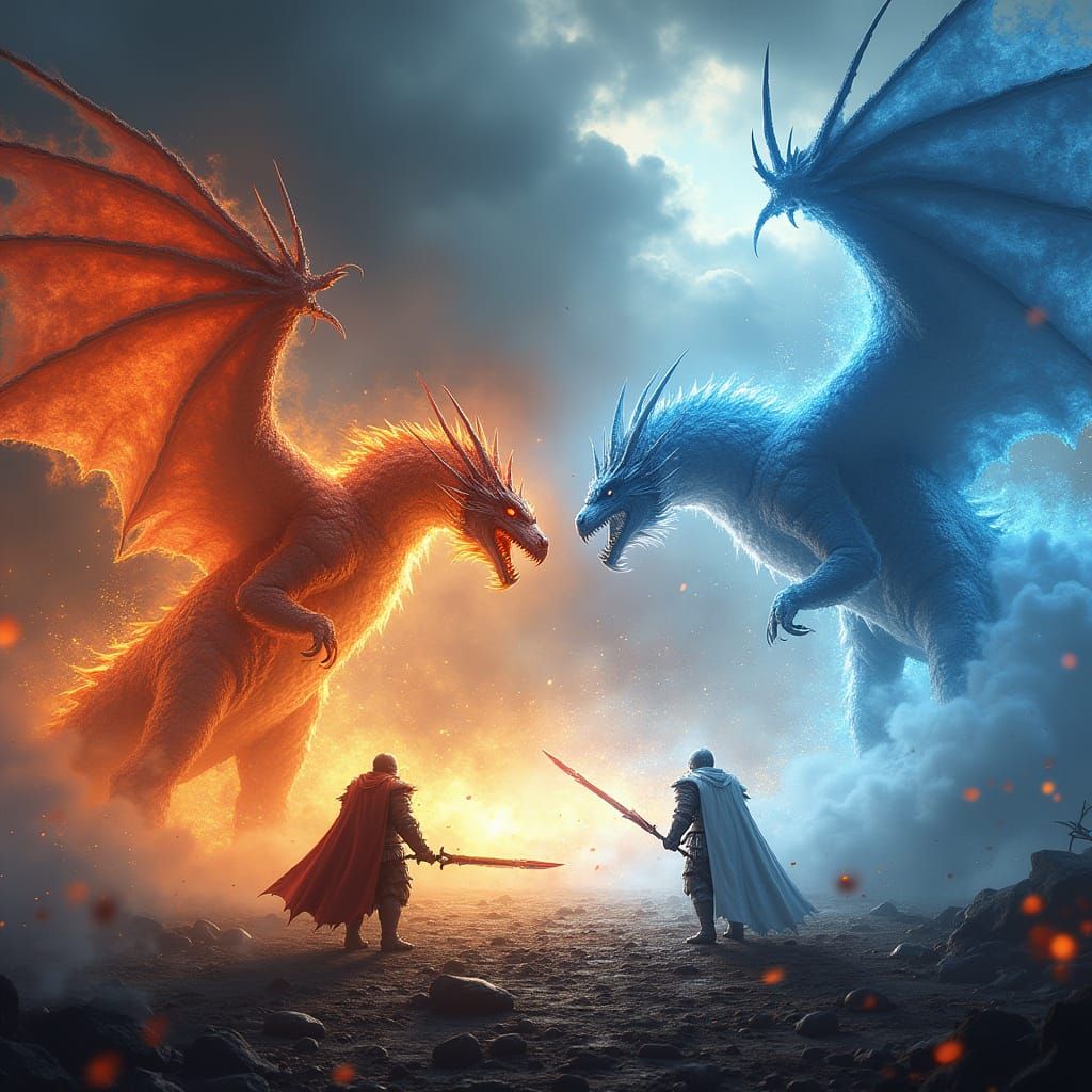 Epic Battle of Fire and Ice Dragons on a Stormy Battlefield
