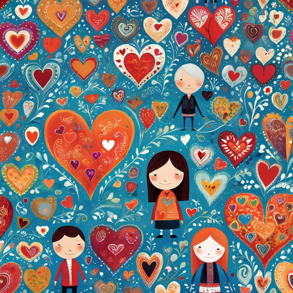 Whimsical Folk Art Hearts in Infinite Harmony