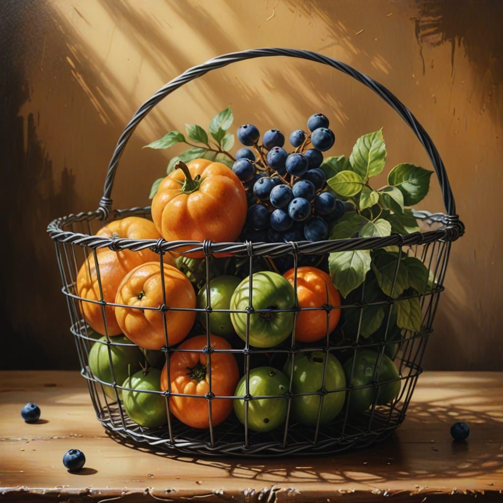 Hyperrealistic Still Life with Wire Basket in Acrylic