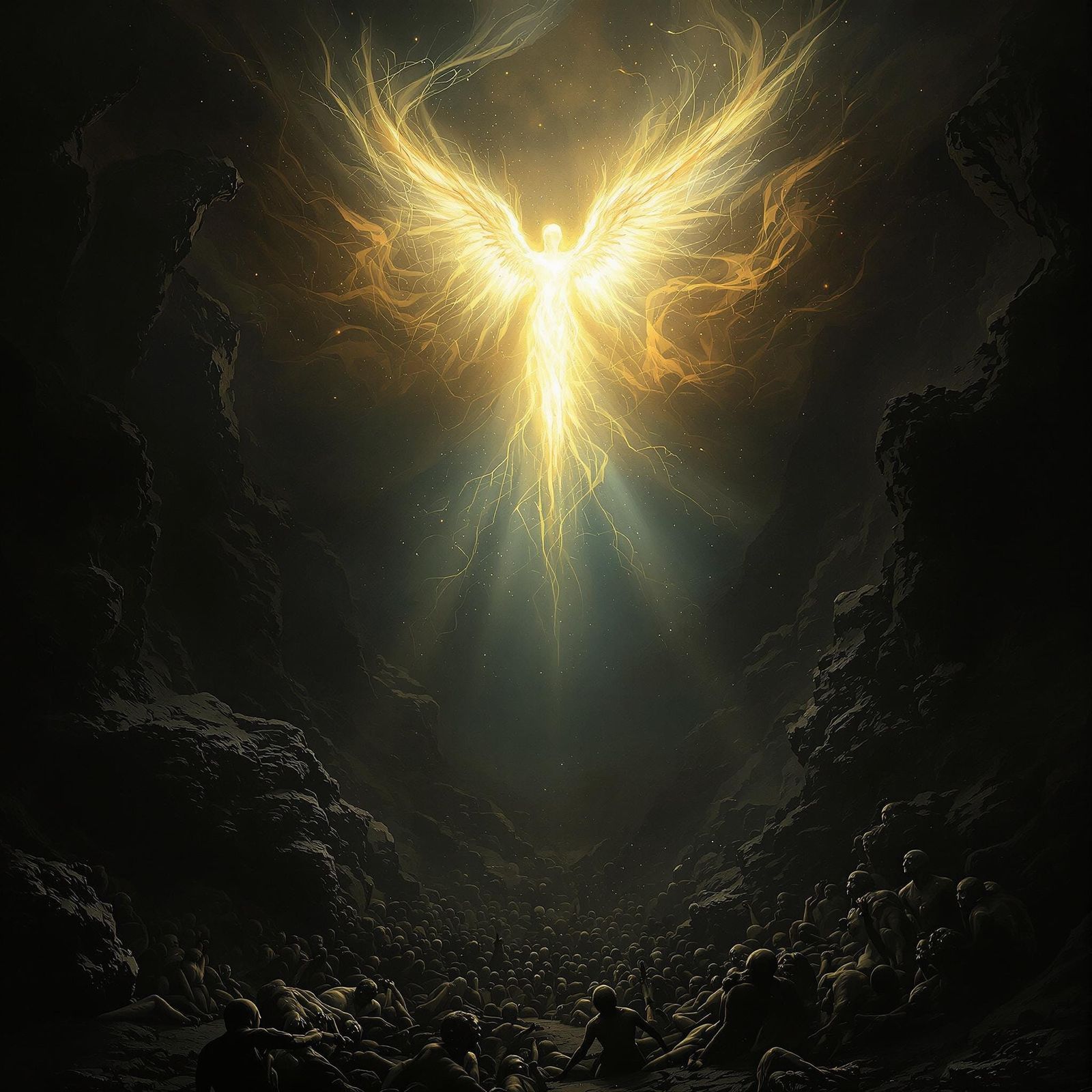 Ethereal Angel of Light Above Chaotic Abyss
