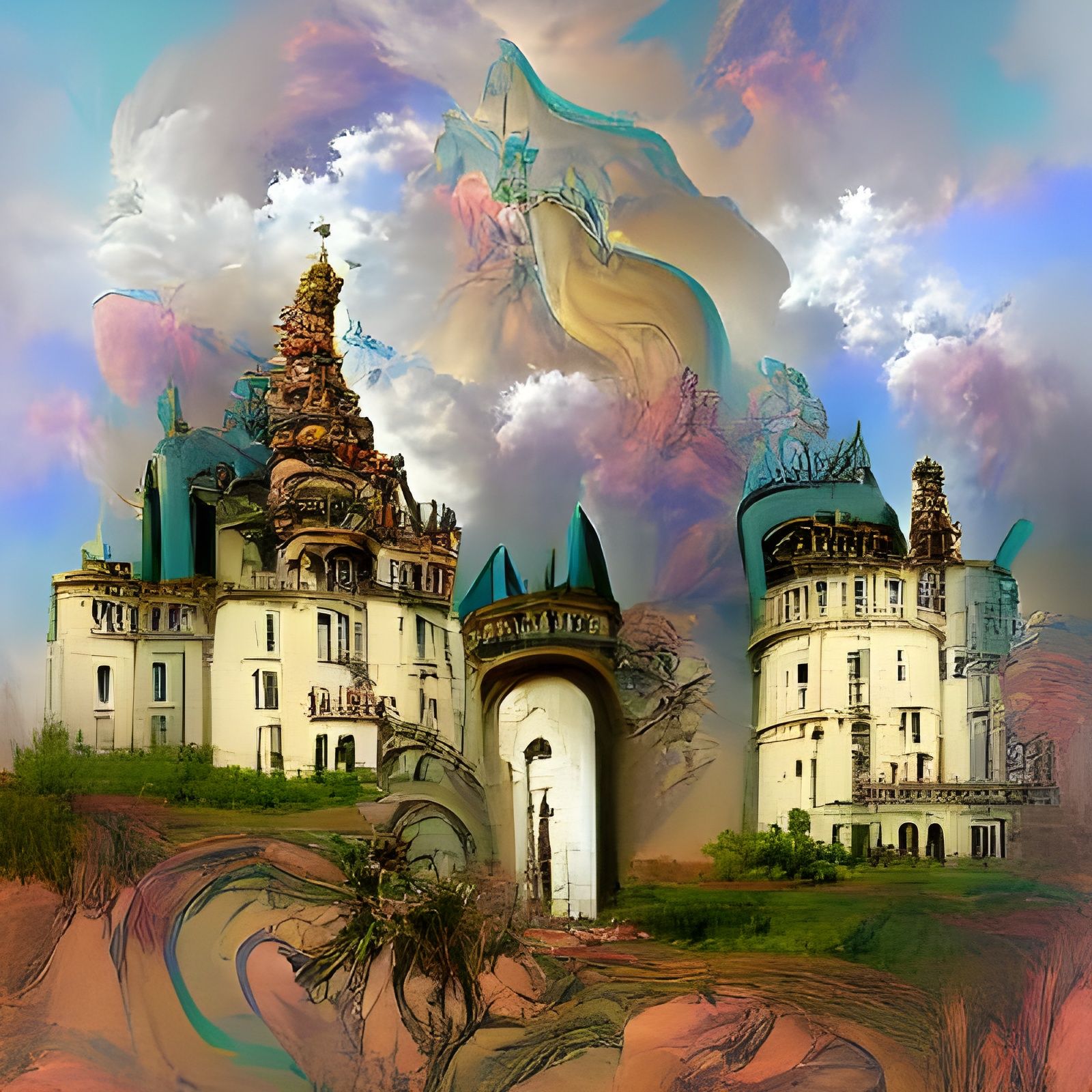 Surreal Castle with Twisted Spires: Art Nouveau Digital Art
