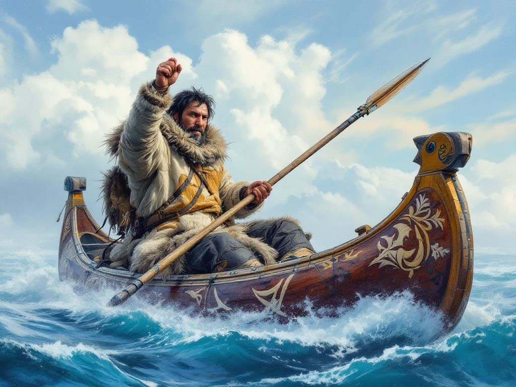 Arctic Hunter in Kayak, Ready to Cast Harpoon