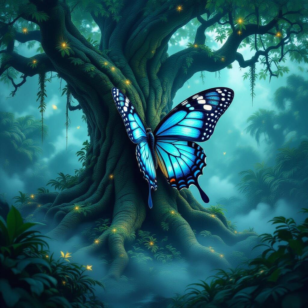 Giant Bioluminescent Butterfly on Ancient Alien Tree