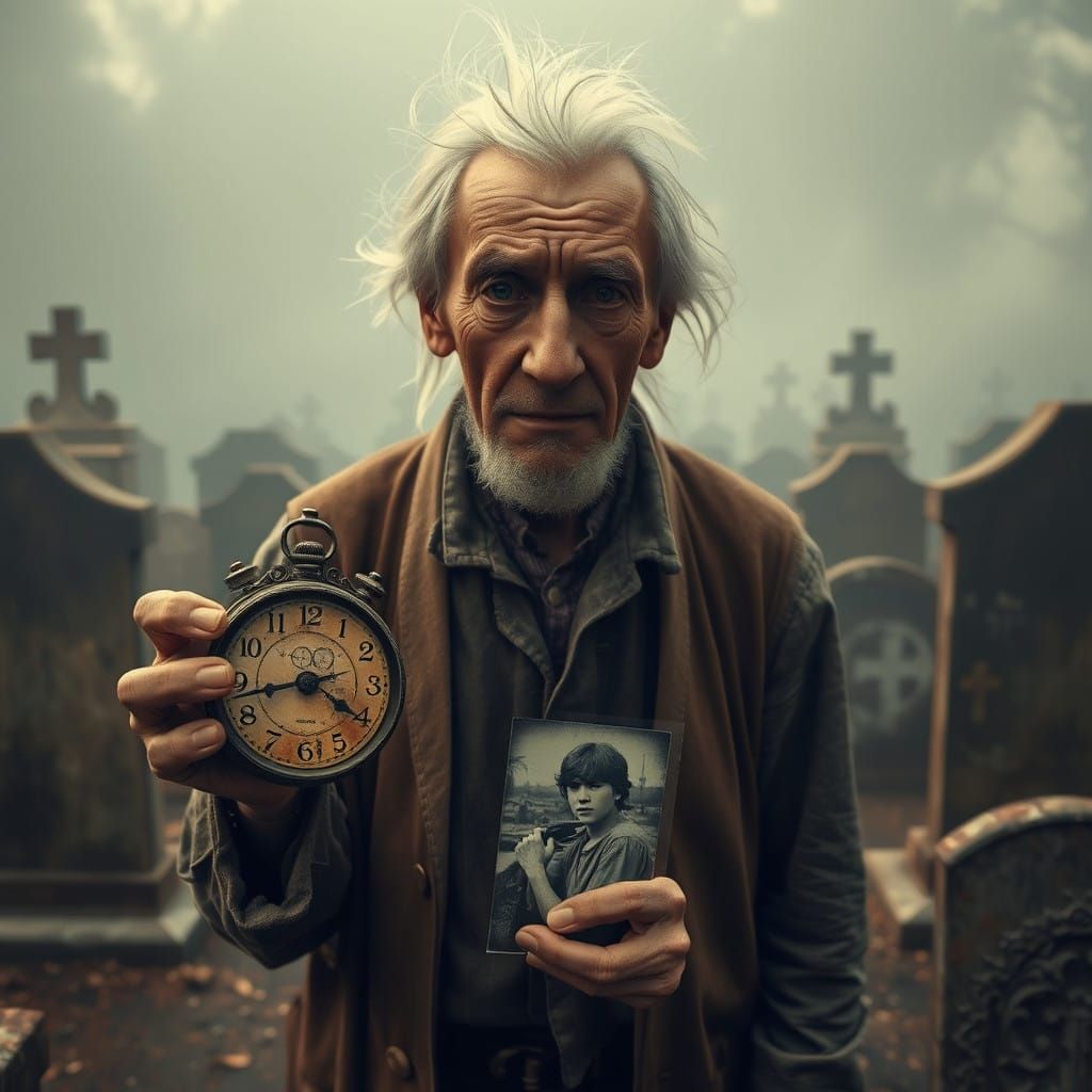 Elderly Man Reflects on Time in Misty Graveyard