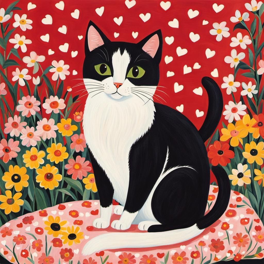 Folk Art Cat Surrounded by Flowers and Hearts