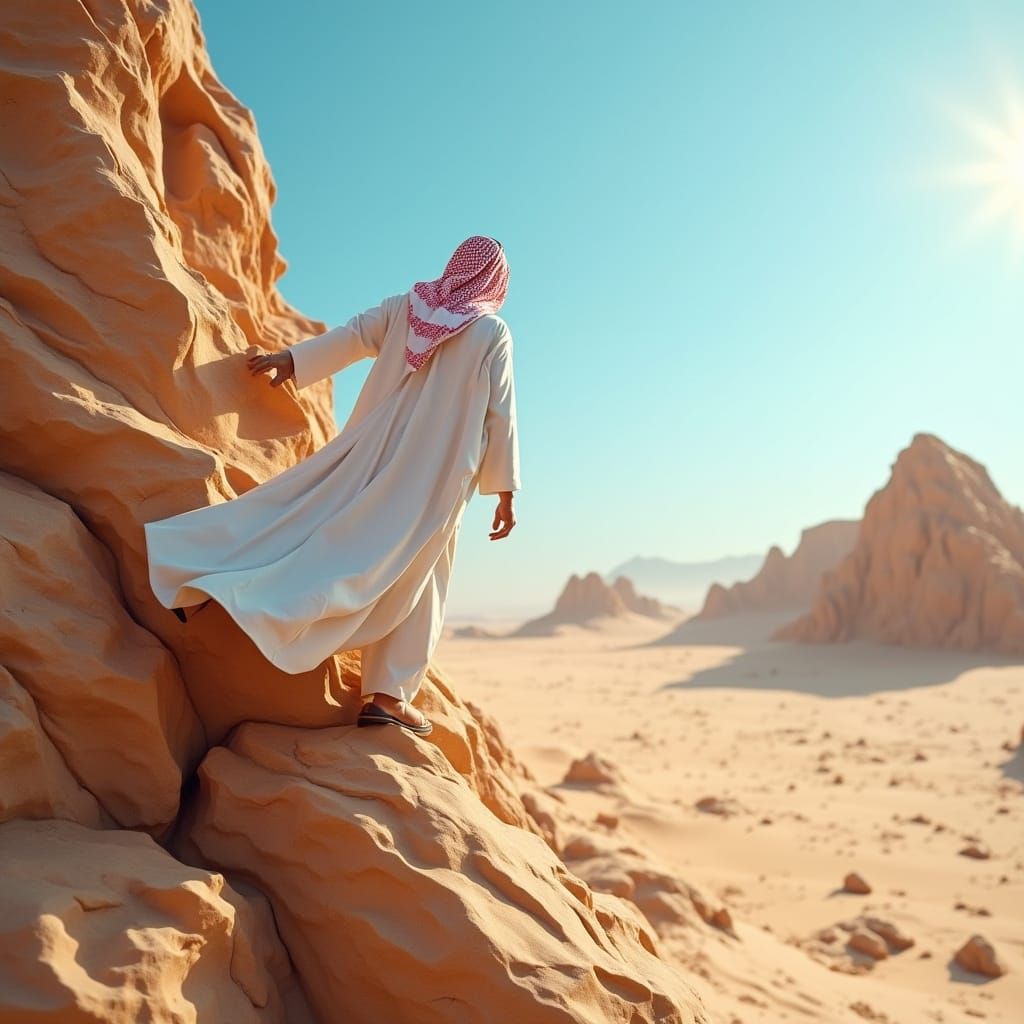 Determined Arab Climber in Papercraft Desert Landscape