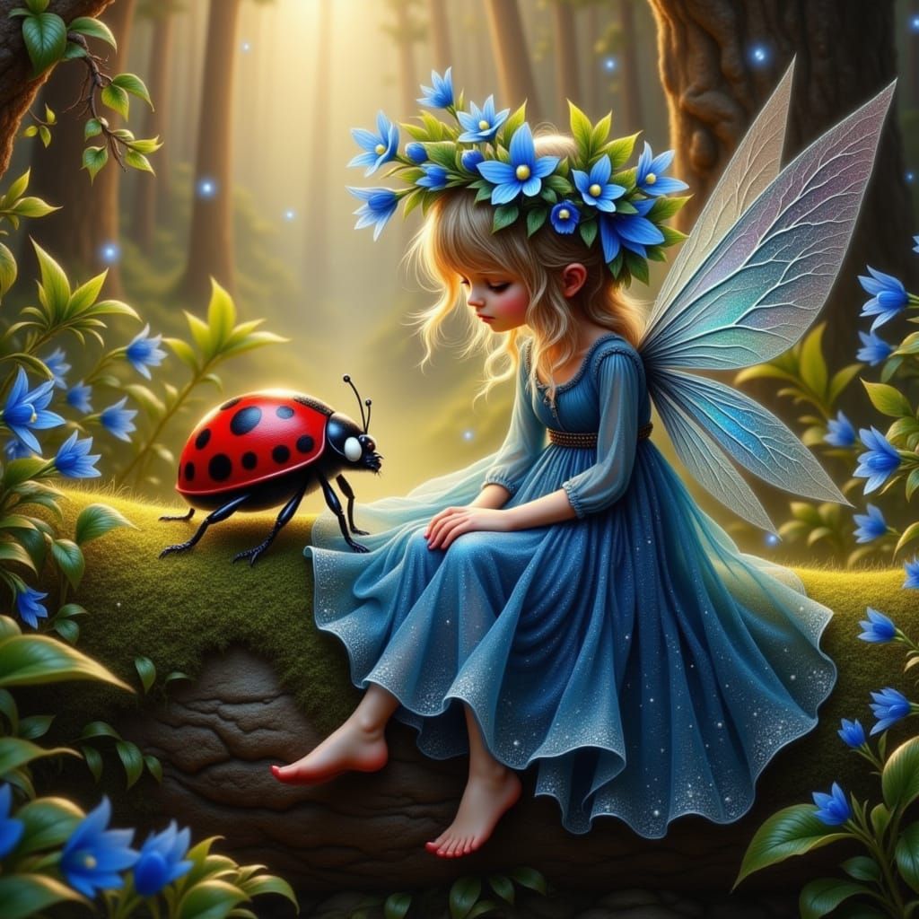 Fairy Girl in Enchanted Forest Talking to Ladybug