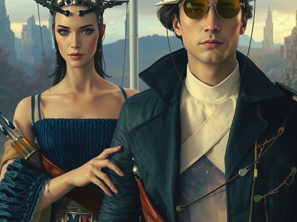 Iridescent Metallic Figure in Retrofuturistic Workshop