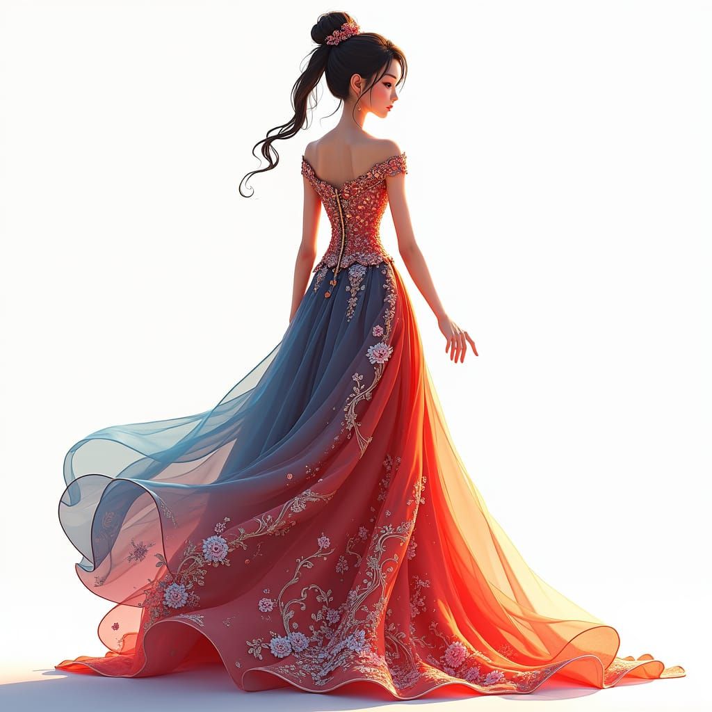 Elegant Woman in Anime Dress, Sharjah-Inspired Pattern