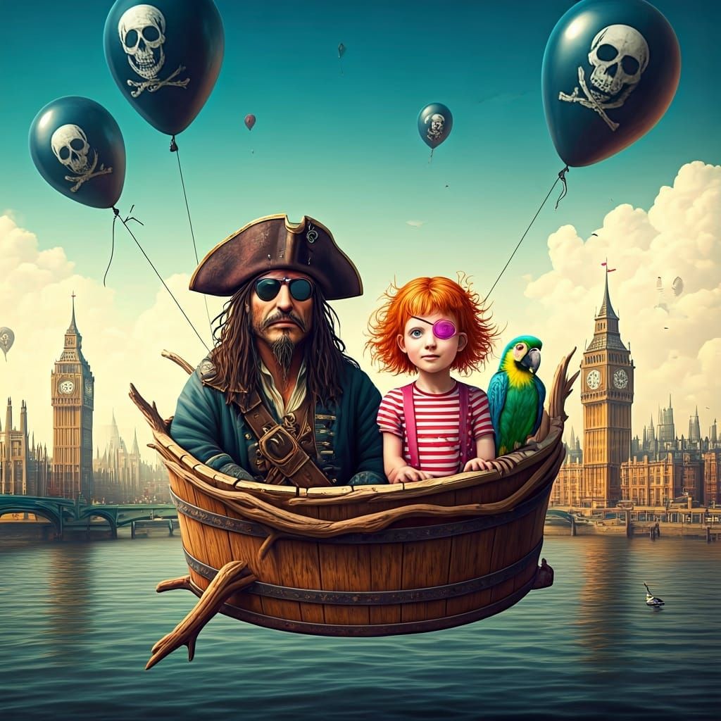 Pirates Float Over London in Surreal Watercolor Scene