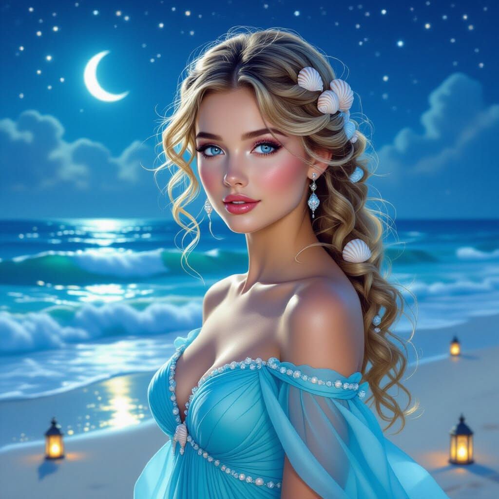 Seashell Adorned Woman on Starry Beach in Oil Paint