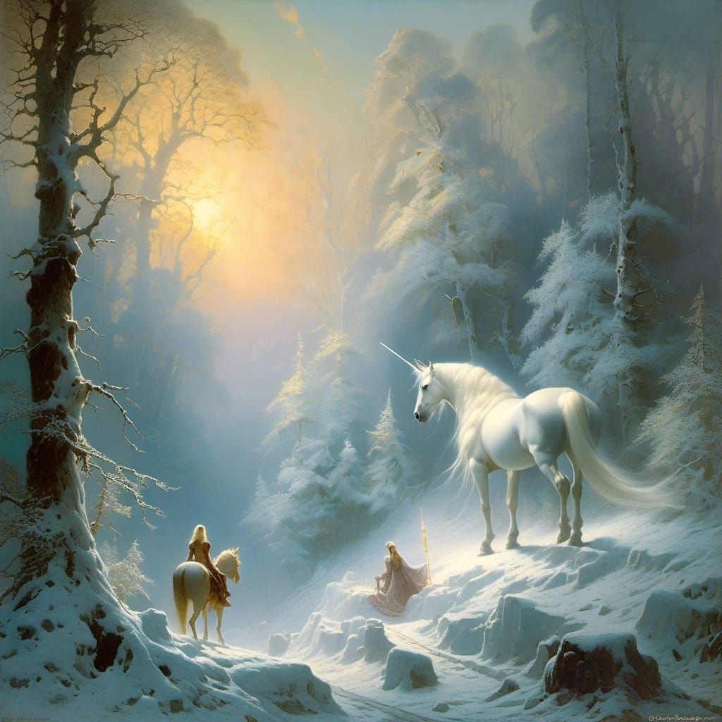 Snow Goddess Heals Unicorn in Sunlit Forest