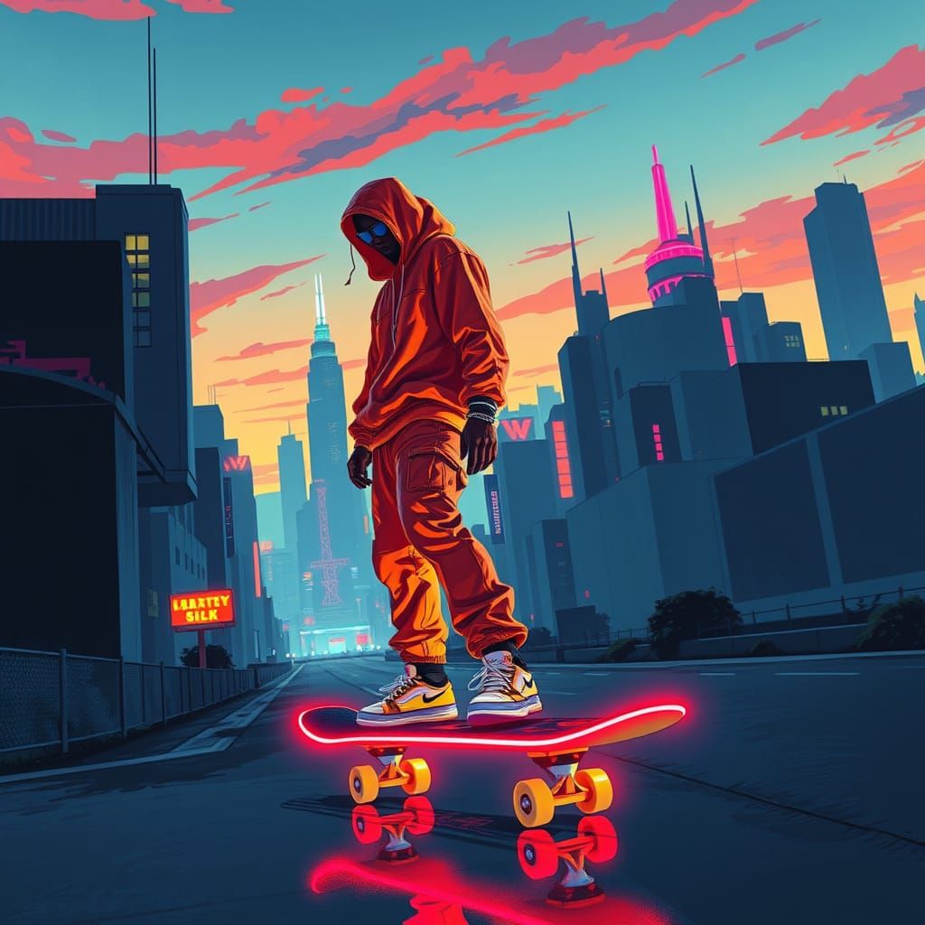 Vibrant Streetwear Figure Skates Through Futuristic Cityscap...