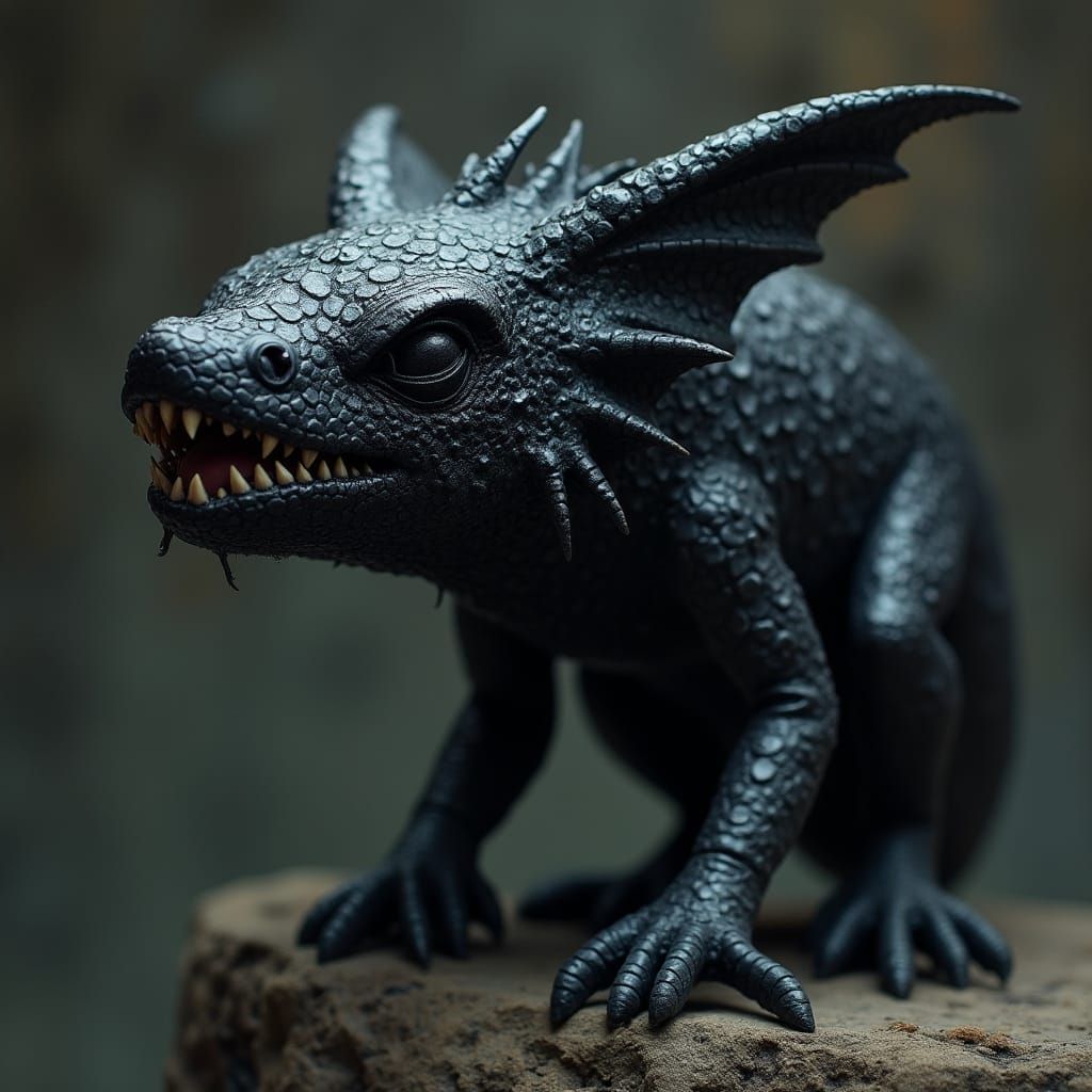 Black, Metallic Dragon-Bird-Axolotl-Shark Hybrid