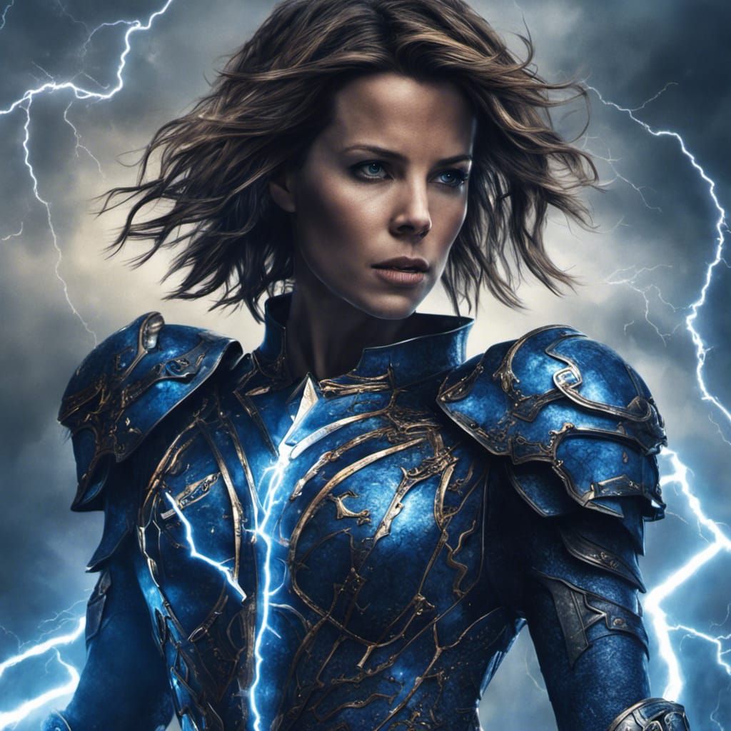 Fantasy Knight in Blue Armor with Lightning