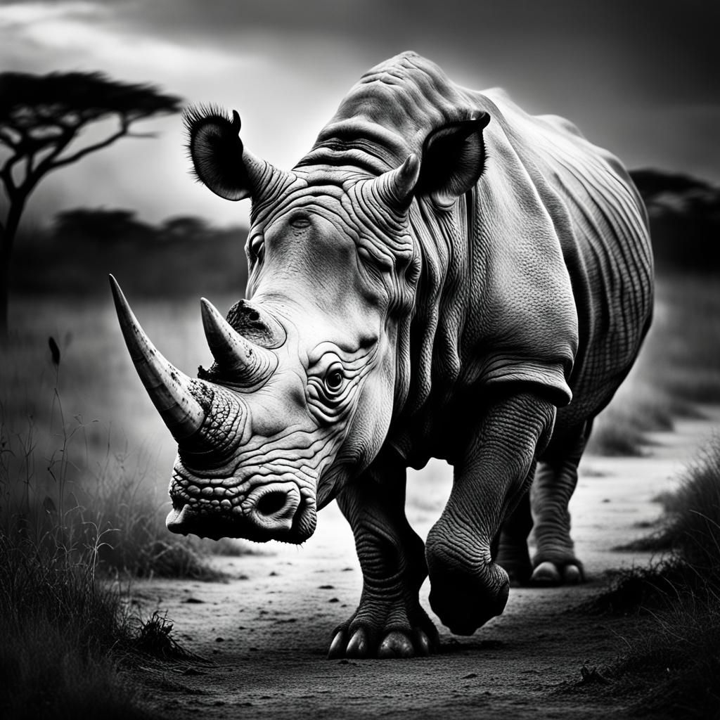 Hyperrealistic Rhino Portrait in Black and White