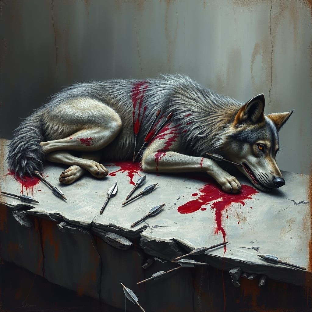 Wolf Pierced by Arrows in Moody Landscape