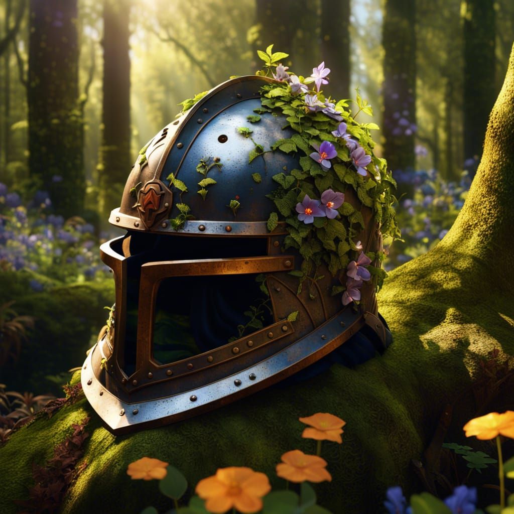 Nature Reclaims a Knight's Helmet in Forest