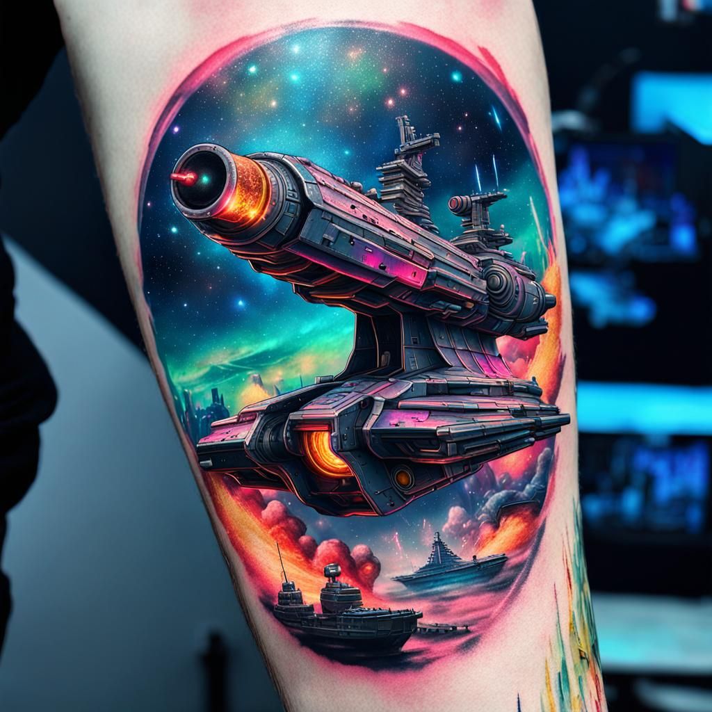 Cyberpunk Tattoo: Battleship Salvo on Space Pinup