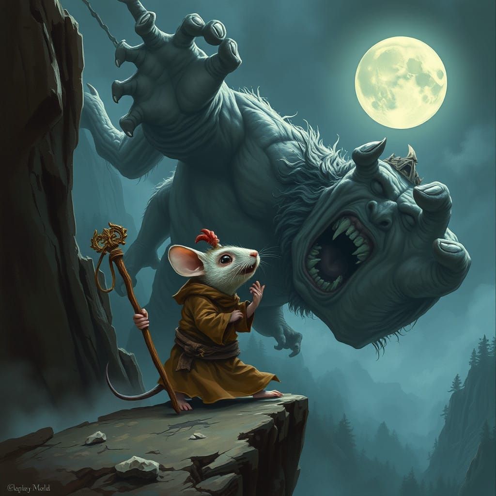 Mouse Watches Ogre Fall Off Cliff in Haunting Dark Fantasy