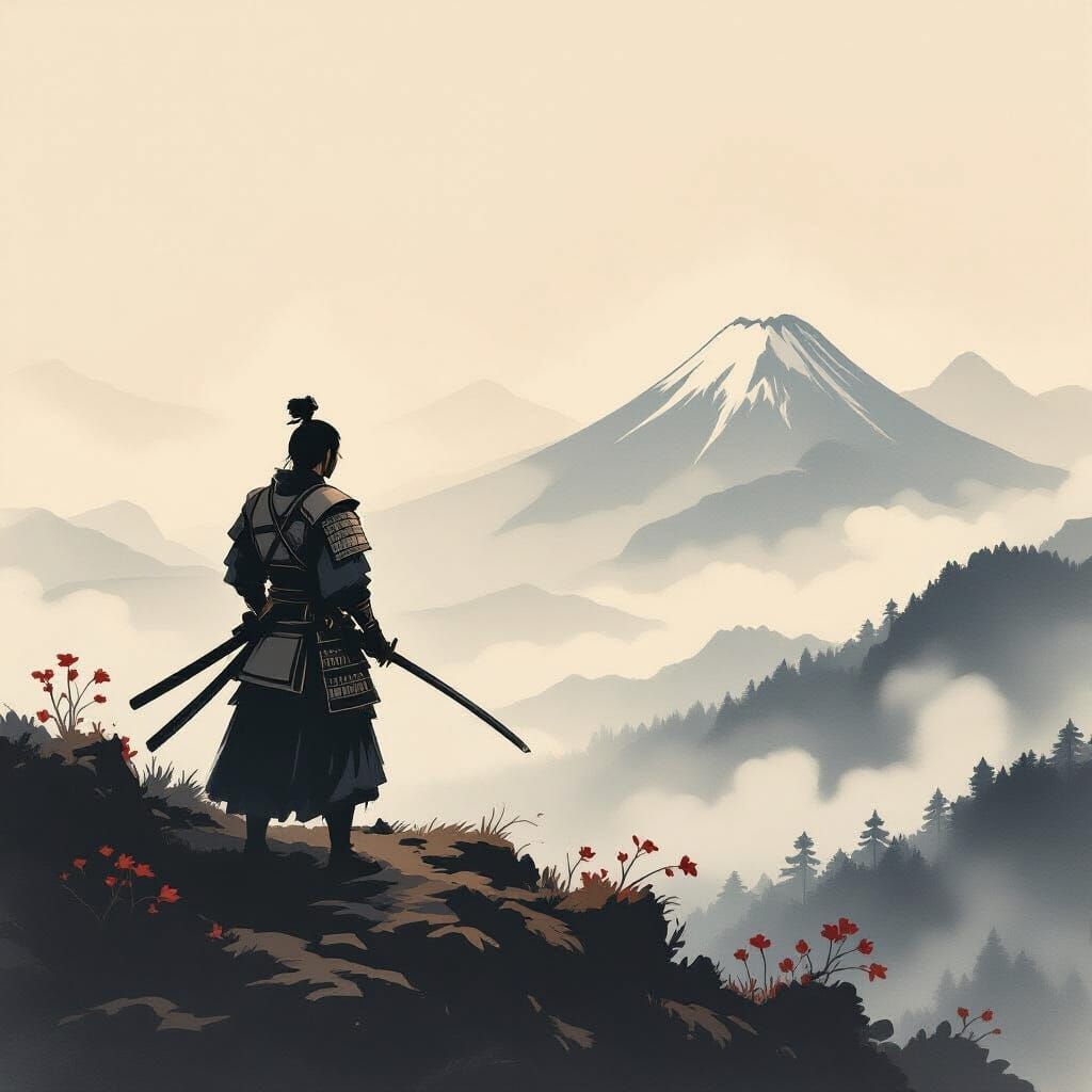 Samurai on Windswept Peak in Japanese Ink Style