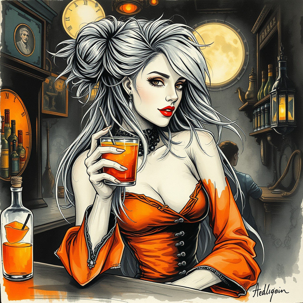 Stunning woman with long grey hair, bun, messy, red lips,  o...