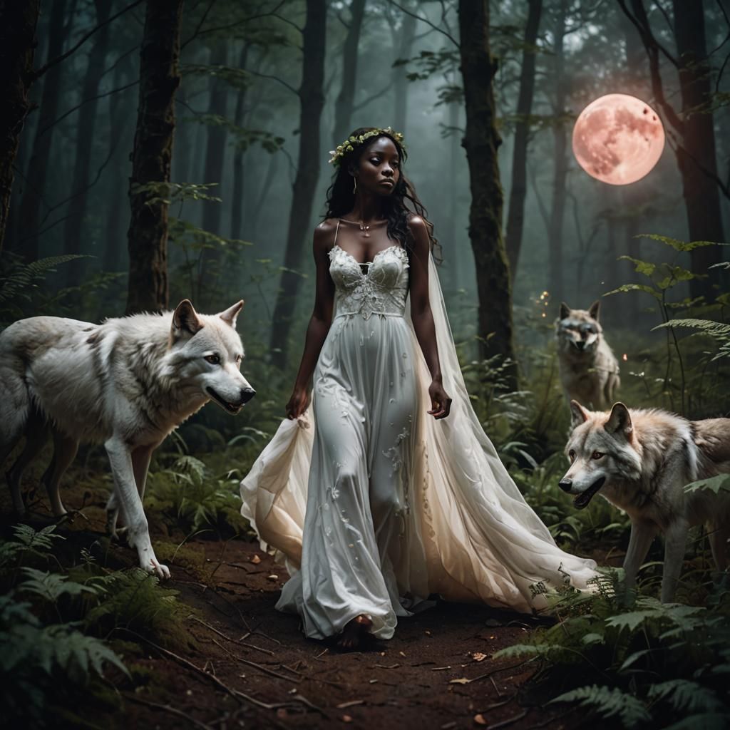 A ebony beauty woman walking in the night of the forest with a full blood moon; the woman uses a  bride dress  white, an...