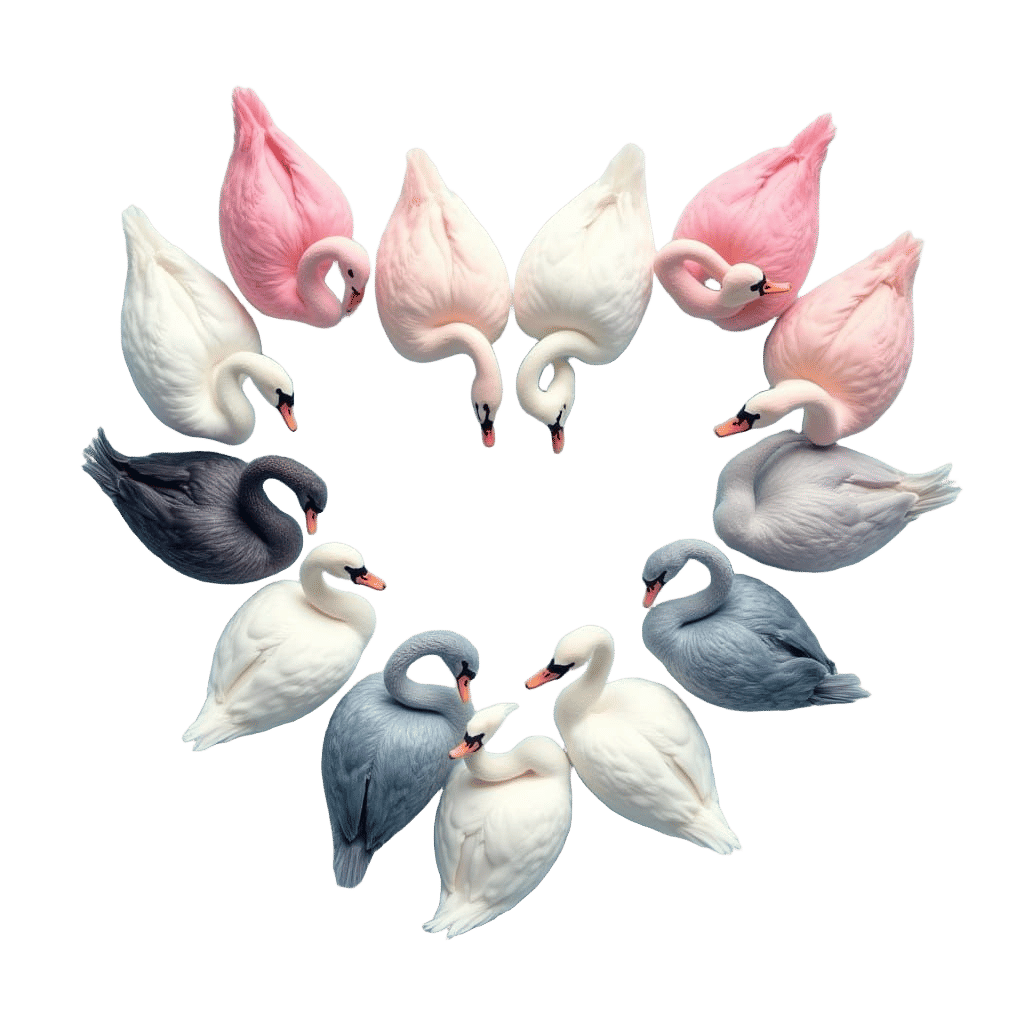 Vibrant Swans Form a Majestic Heart in Serene Blue Skies