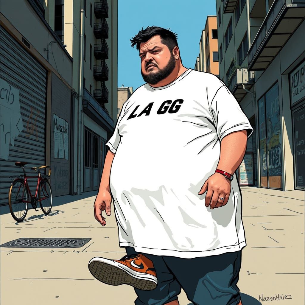 Hyperrealistic Obese Man Doing Push-ups in City