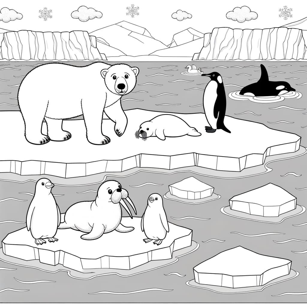 Arctic Animals Coloring Page on Ice Floe