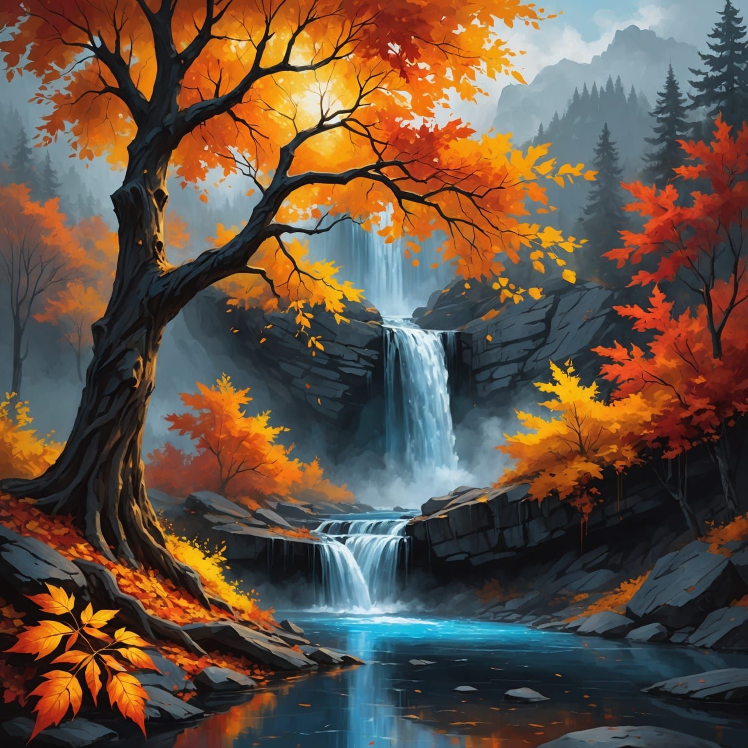 Fantasy Tree Near Waterfall Digital Oil Painting