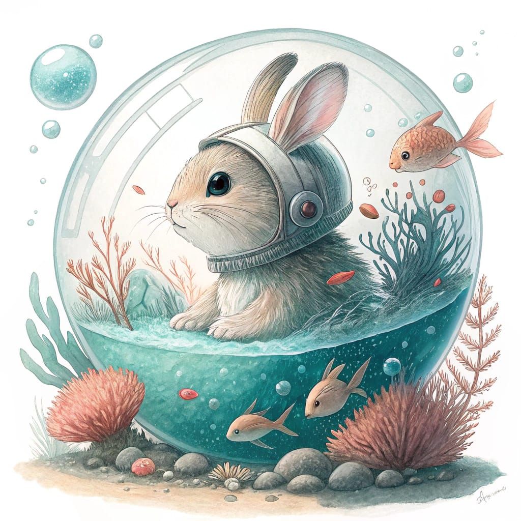 Enchanted Retro-Futuristic Rabbit in Turquoise Water