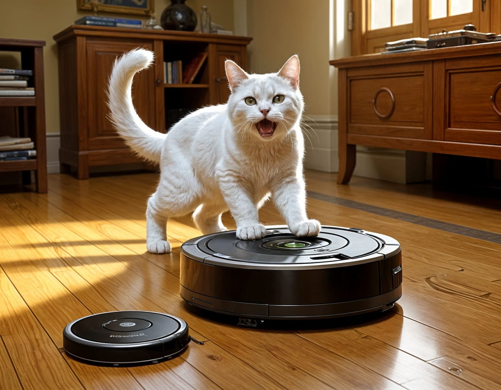 Fierce Cat Confronts Vacuum Robot in Dynamic Art Style