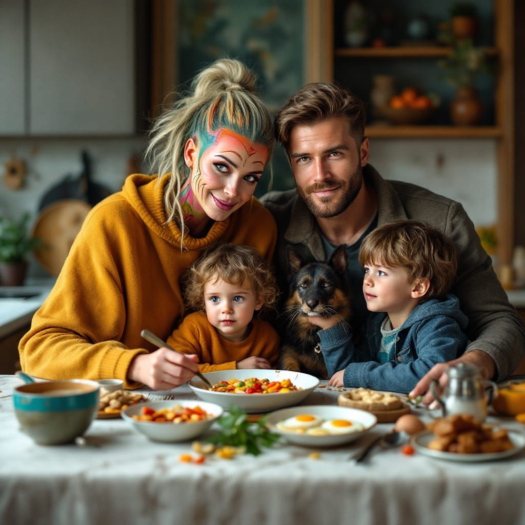 Family Breakfast Scene with Alien Mom and Pets