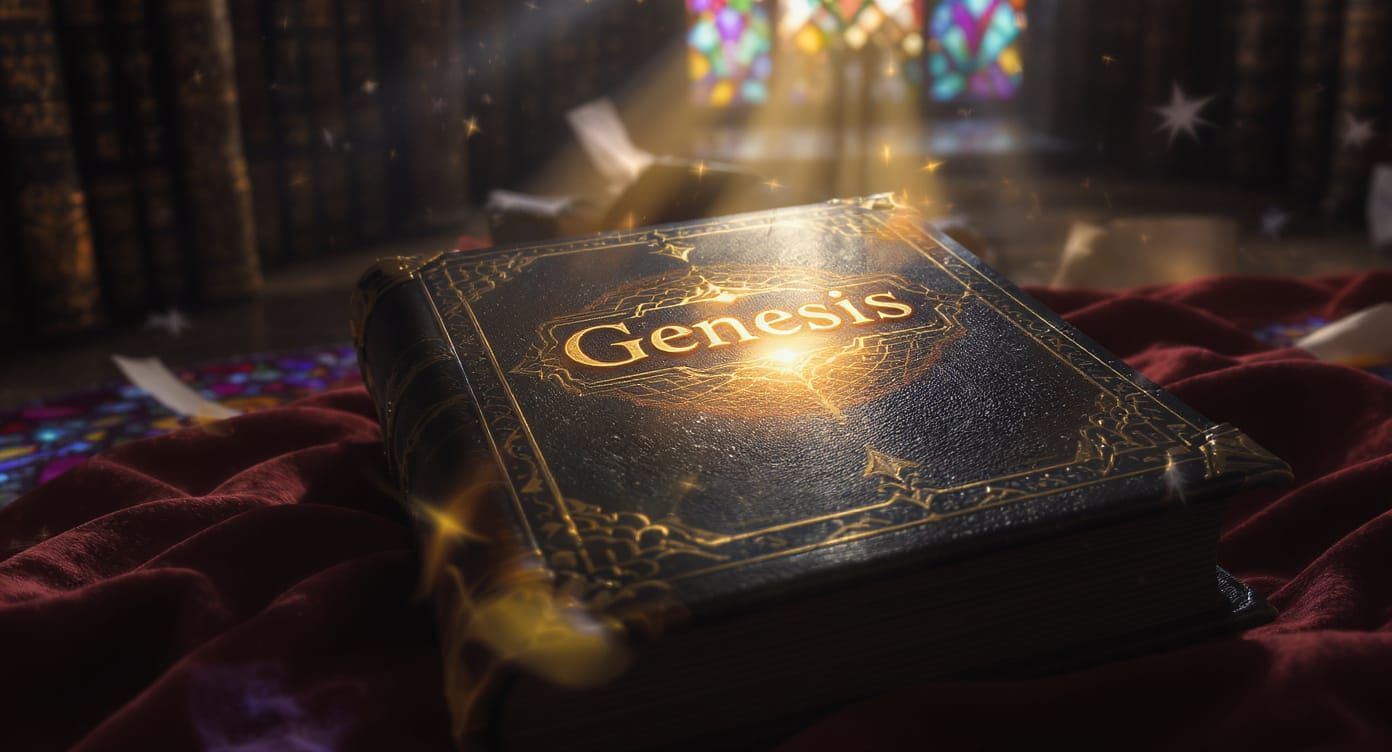 Ornate Leather Book "Genesis" in Mystical Library