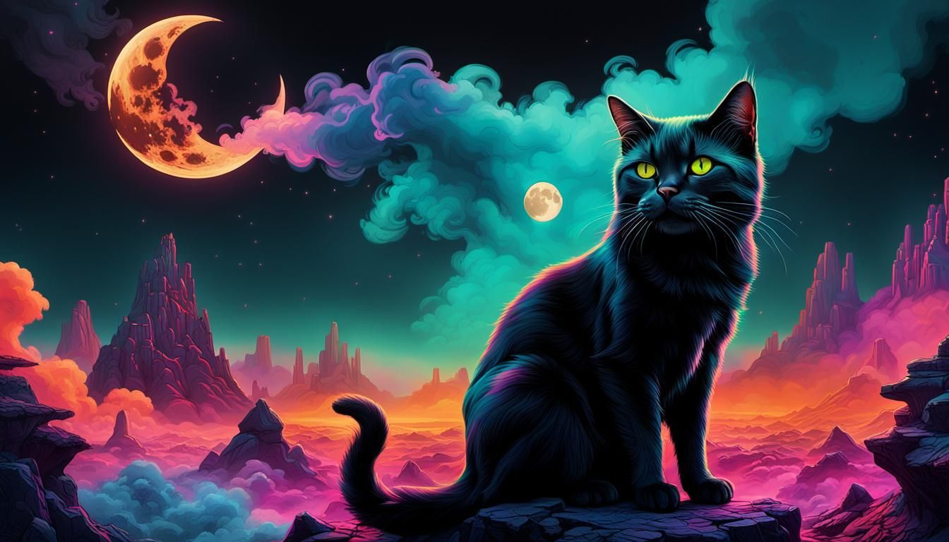 Psychedelic Black Cat Under Moon in Neon Haze