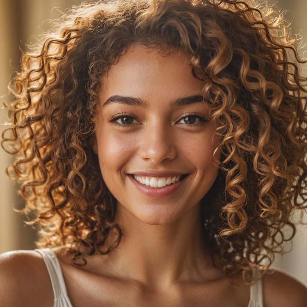 Smiling Woman with Curly Hair in Golden Light