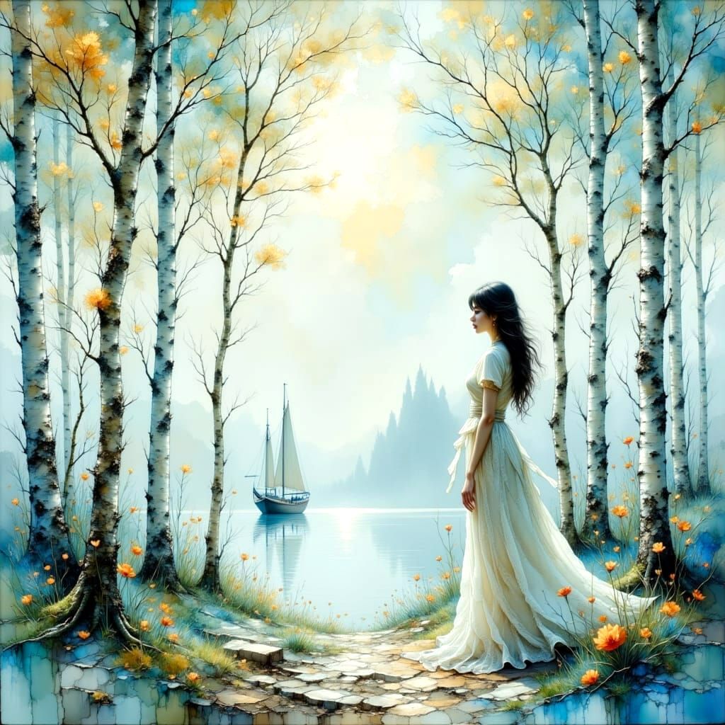 Forest Scene with Silver Birch and Metallic Ships